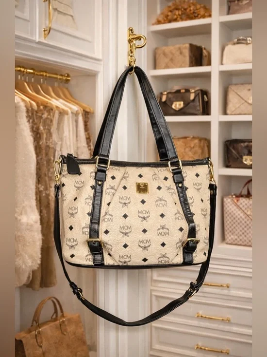 MCM Visetos Satchel Bag Cream Black Leather Trim Crossbody Medium Tote w/ COA - Picture 3 of 15